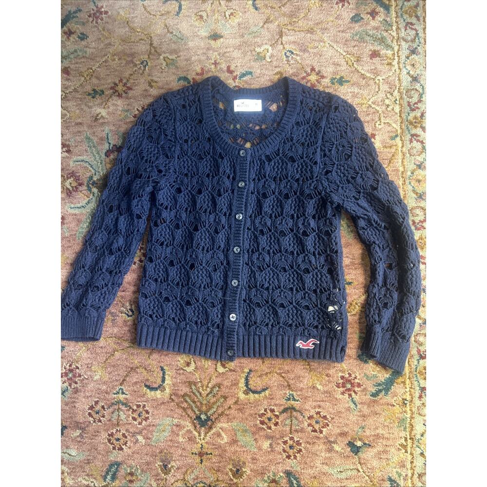 Hollister Navy Crochet Open Knit Button Front Cardigan Sweater M Y2K Coastal - Picture 2 of 9